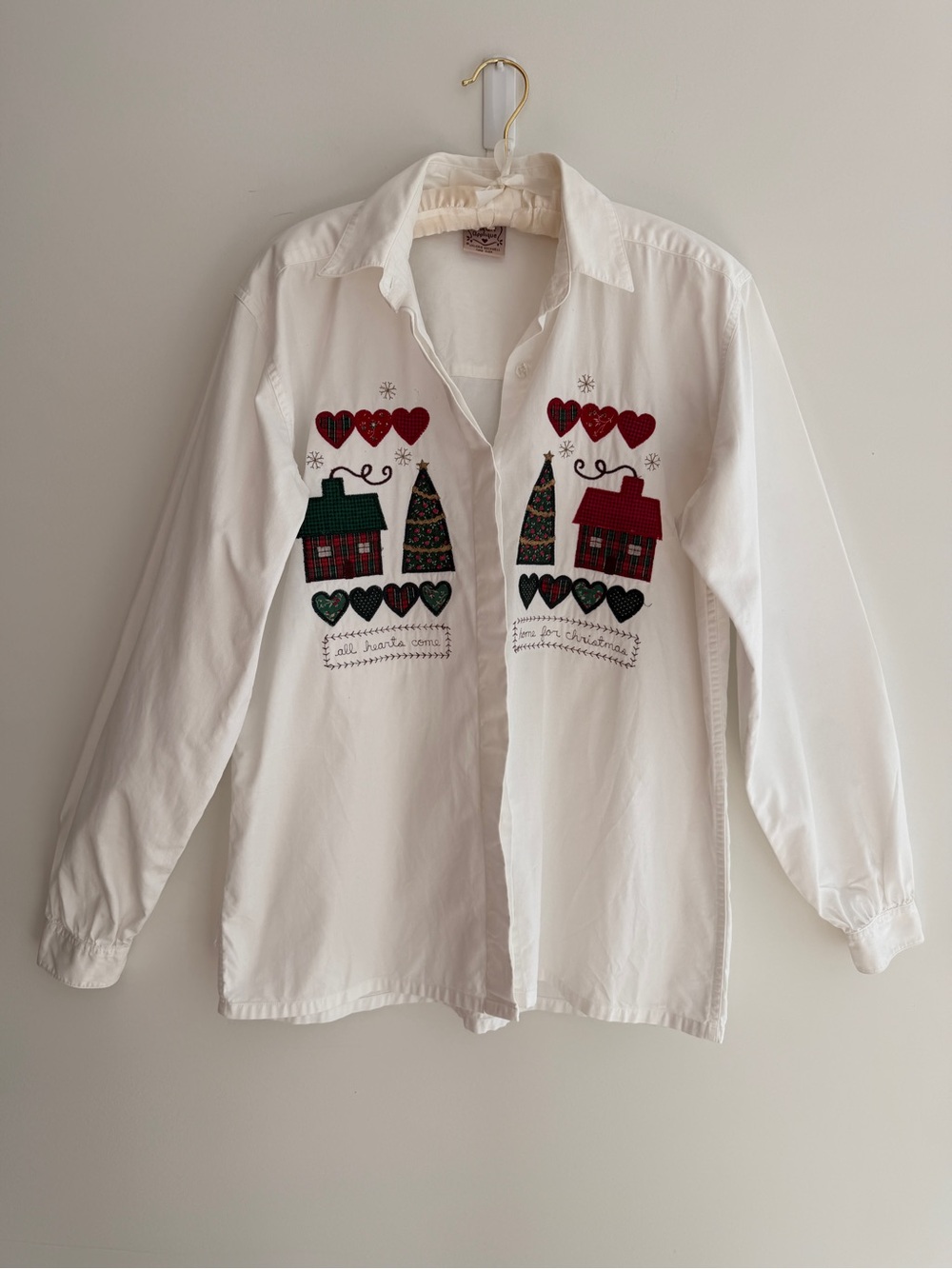 VALORIE'S FOLK ART APPLIQUE Vintage Shirt Cotton Button Front Christmas Theme